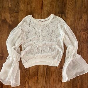 Free People lace top with shear polka dot sleeves